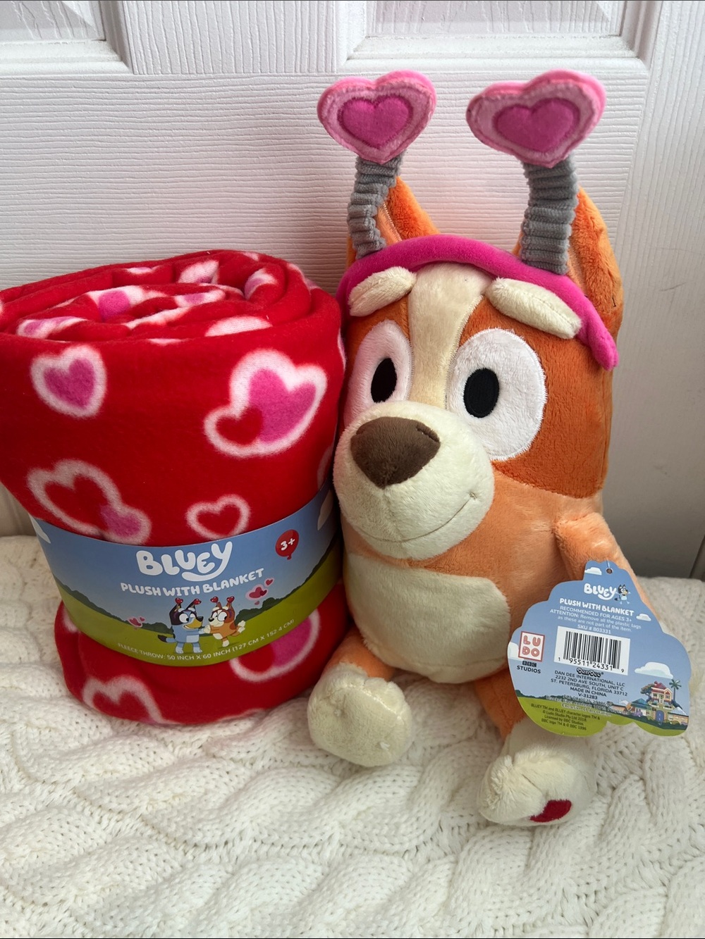 Plush Dog with Heart Headband & Red Heart Blanket